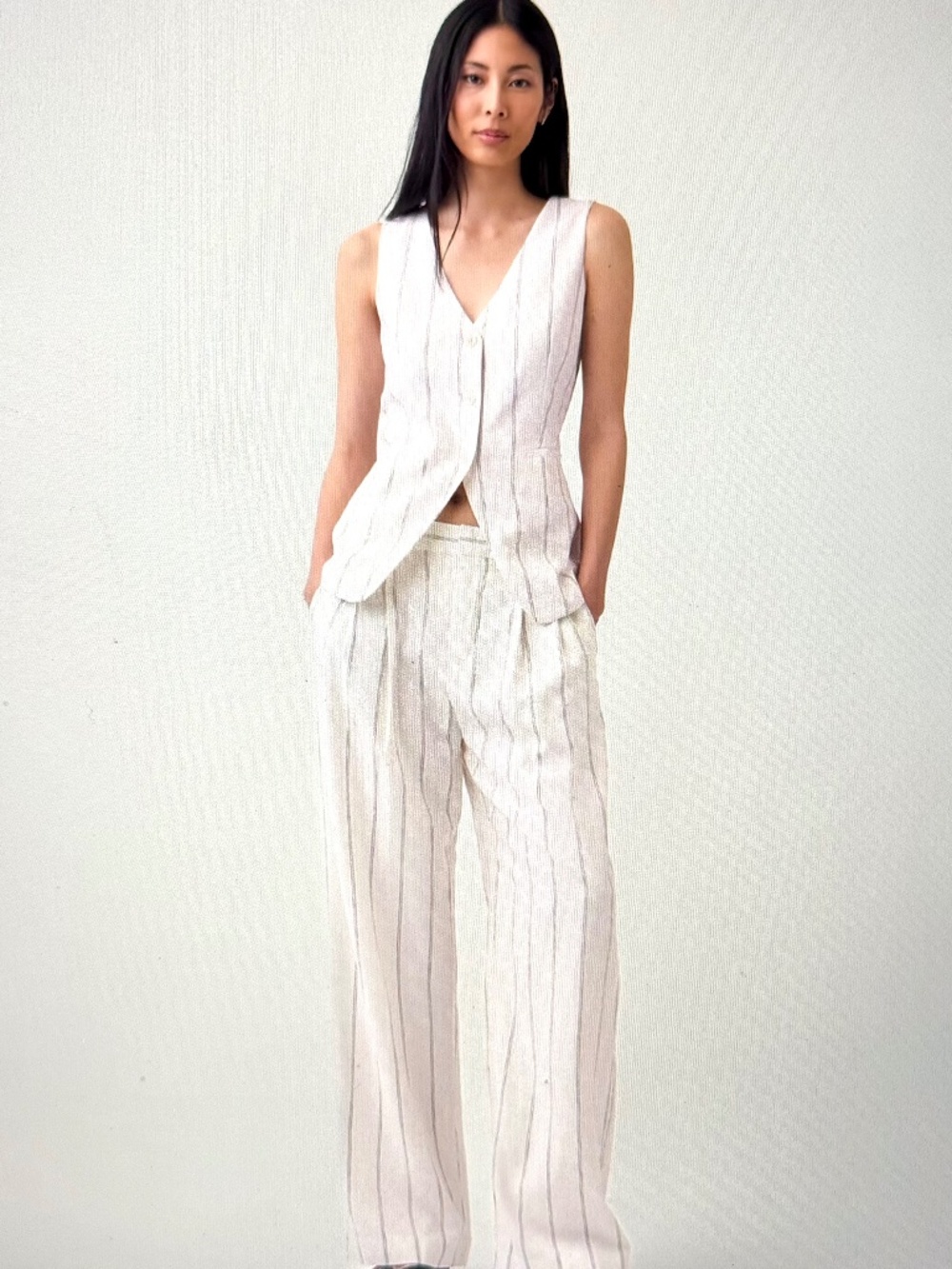 GAP Woman , Linen -Blend White and subtle Black stripes , Pants + Vest